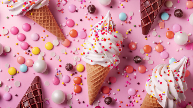 Flat lay ice cream cone and other sweets background. - Powered by Adobe