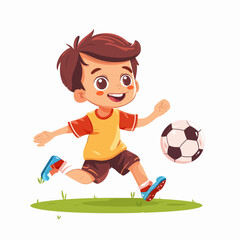 Obraz premium Cute little boy playing soccer, cartoon vector illustration isolated on white background.