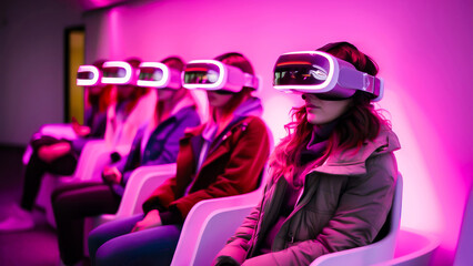 Group of people experiencing virtual reality with VR headsets in a room with neon pink and purple lighting.
