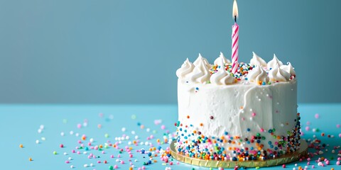 Birthday cake with candles on top and colorful sprinkles all over the table - obrazy, fototapety, plakaty