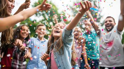 A group of children, with big smiles on their faces, are joyfully throwing confetti up in the air during a celebration