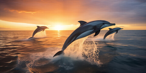 A group of dolphins leaping joyfully in unison, their synchronized jumps creating a mesmerizing display of aquatic grace.  - obrazy, fototapety, plakaty