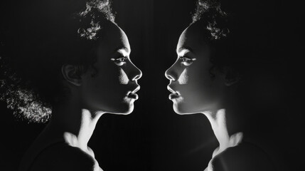 A black and white representation of two women standing in front of each other, engaging in a conversation or interaction
