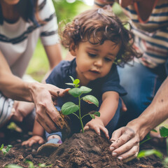 Family planting a tree in spring, a child helping to plant a young green sprout in the soil