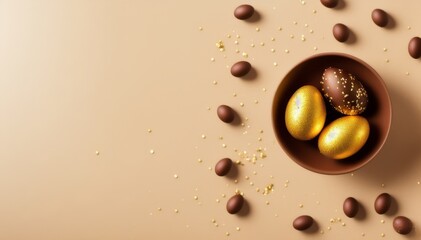 easter sweets concept top view photo of chocolate eggs dragees sprinkles on isolated beige background with copyspace