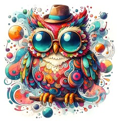 Fototapeta na wymiar Whimsical Cartoon Owl: Abstract Watercolor Painting with Colorful Details and Sunglasses, Ideal for T-shirt Prints or High-Quality Wall Art.