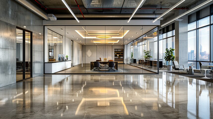 Obraz premium Contemporary Office Space with Modern Furniture and Clean Design, Bright Interior with City Views