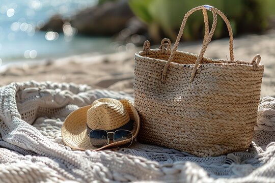 A beach scene with a tan beach towel and a straw bag
