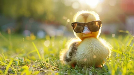 Fotobehang  a baby duck in sunglasses on the meadow © Pter