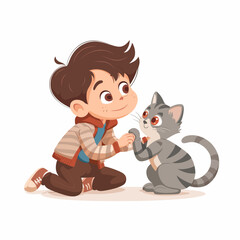 Fototapeta premium Cute little boy playing with cat, cartoon vector illustration isolated on white background.
