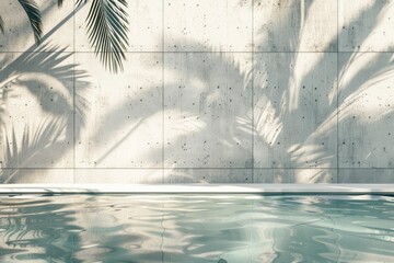 Tropical summer background with concrete wall, pool water and palm leaf shadow. Luxury hotel resort exterior for product placement. Outdoor vacation holiday house scene - generative ai - obrazy, fototapety, plakaty