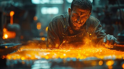 Worker melting lead in an industrial foundry, sparks and glowing metal - obrazy, fototapety, plakaty