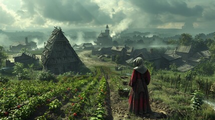 Photorealistic depiction of a medieval peasant woman overlooking a foggy village - obrazy, fototapety, plakaty