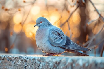 A peaceful pigeon perched on a ledge with warm sunlight reflecting its grey feathers amidst bare branches