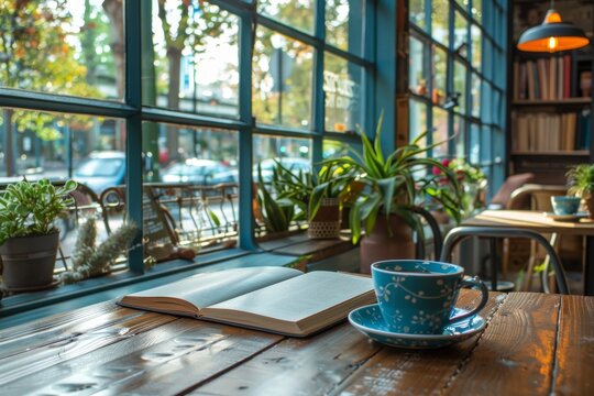 A warm and inviting cafe setting with an open book on a wooden table, natural light streams through large windows