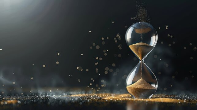 A transparent hourglass with sand with shadow on dark background. AI generated image