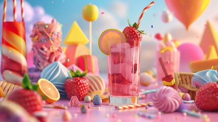 Fresh cocktail, refreshing sweet drink, juice with strawberries, orange, cream, fruit mixture - obrazy, fototapety, plakaty