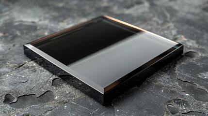 Elegant black glass square on a textured grey surface reflecting light