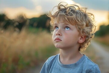 A dreamy young boy with golden curls stares into the distance in a natural setting at sunset - obrazy, fototapety, plakaty