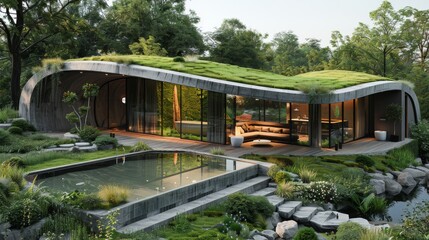 Fototapeta na wymiar Modern eco-friendly building with lush rooftop garden in a serene park setting