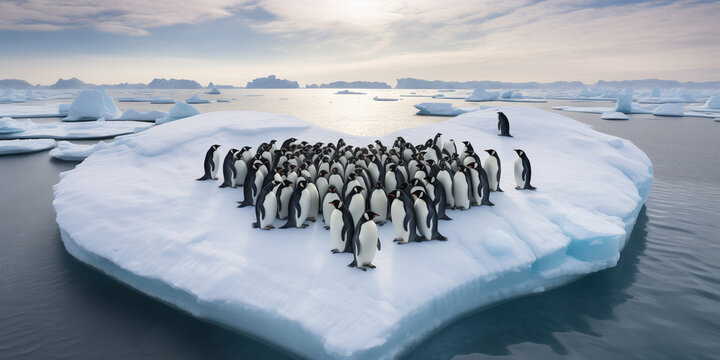 A group of penguins waddling together across icy terrain, their synchronized movements showcasing teamwork and togetherness. 