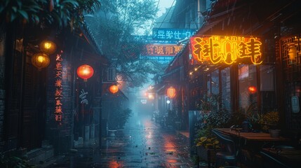 Moody and atmospheric alleyway in Shanghai with glowing lanterns and wet cobblestones