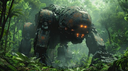 Mystical forest with gigantic abandoned robots: a blend of nature and futuristic decay - obrazy, fototapety, plakaty
