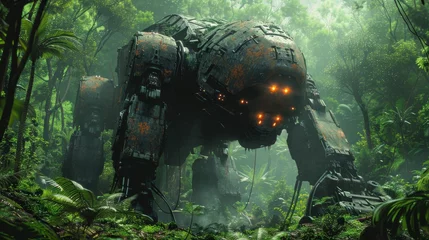 Fotobehang Mystical forest with gigantic abandoned robots: a blend of nature and futuristic decay © Yusif