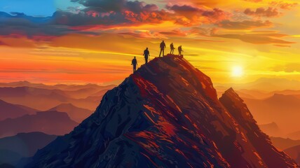 Several people climbing on a mountain summit at sunset created with Generative AI