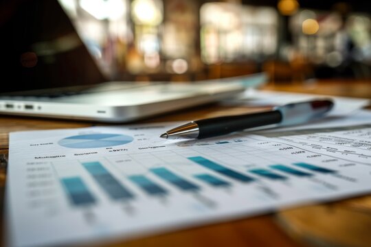 A close-up shot of a pen on paper documents with charts and a laptop in soft focus in the background, depicting business analytics or financial review