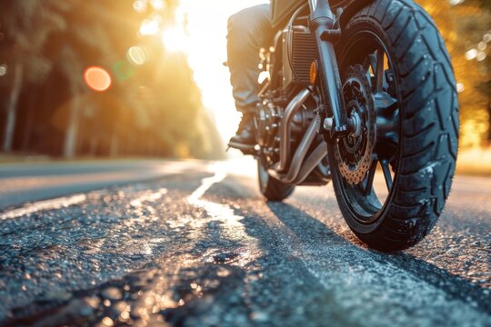 This vibrant image captures the side view of a motorcycle rider on a scenic road at sunset, detailing the bike's mechanics and the road's texture