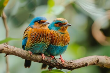 Two vivid kingfisher birds, distinguished by their blue and orange plumage, calmly resting on a single branch amidst a green backdrop