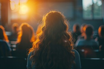 The silhouette of a woman with curly hair backlit by a dramatic sunset during an outdoor event or gathering