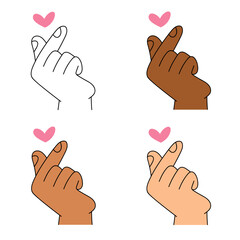 cute hand cartoon illustration Korean finger heart gesture set. Hands making heart sign