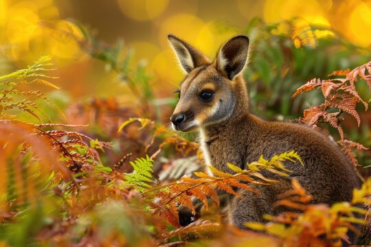 A Cute Red-Necked Wallaby among Colourful Bracken Ferns in Tasmania's Narawntapu National Park - Wildlife in Australia