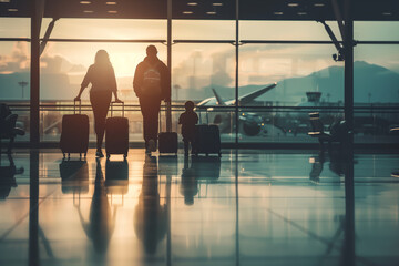 A European family with happy children, holding suitcases in their hands, walking in international airport