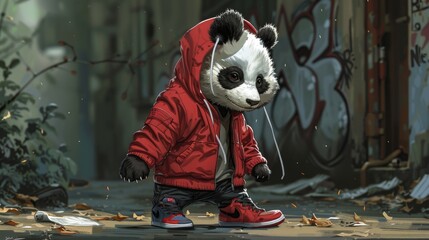 Cute animated panda in a vibrant red hoodie and stylish sneakers standing in an urban setting