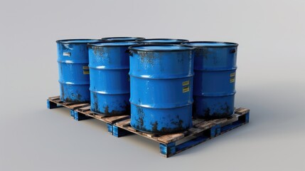 Blue Drum & Container: Bulk Chemicals Storage with Pallet on Blue Background
