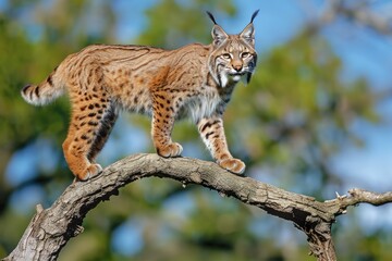 Bobcat (Lynx Rufus): Majestic Wild Feline Stands Proudly on Branch Outdoors