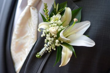 Boutonniere for the Special Day. White Floral Decoration for Male Celebration - obrazy, fototapety, plakaty