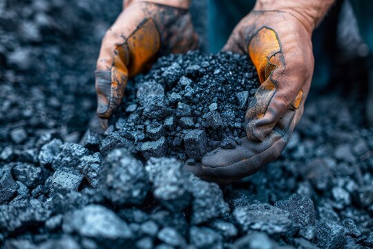 Detailed capture of dirty hands holding coal, represents energy, labor, and natural resources