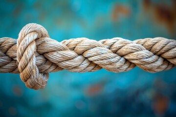 Fototapeta premium A close-up of a complex knot expertly tied in a thick jute rope, conveying concepts of strength and reliability