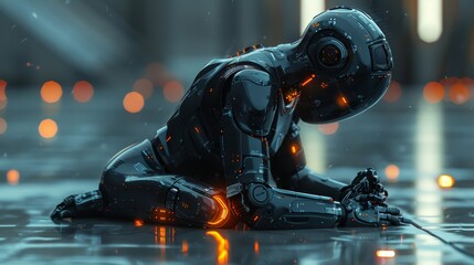 Futuristic robot in a black suit kneels solemnly in a rainy cityscape