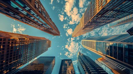 a group of tall buildings with a sky background - obrazy, fototapety, plakaty