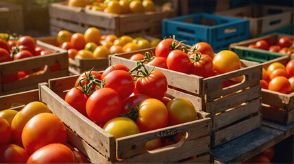 Wooden crates full with ripe tomatoes after harvest on farm. Sweet tomatoes in containers ready for export
