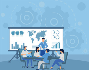 Leader. Presentation. Strategy. Business vector illustration people working together at a desk