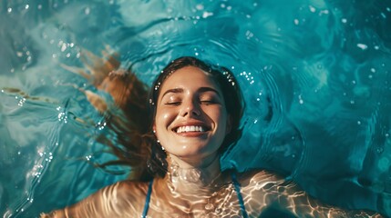 a woman is smiling while she is in the water
