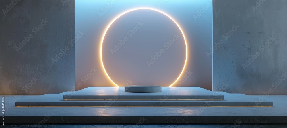 Aufkleber modern neon circle light and podium in a minimalistic room for product placement display.