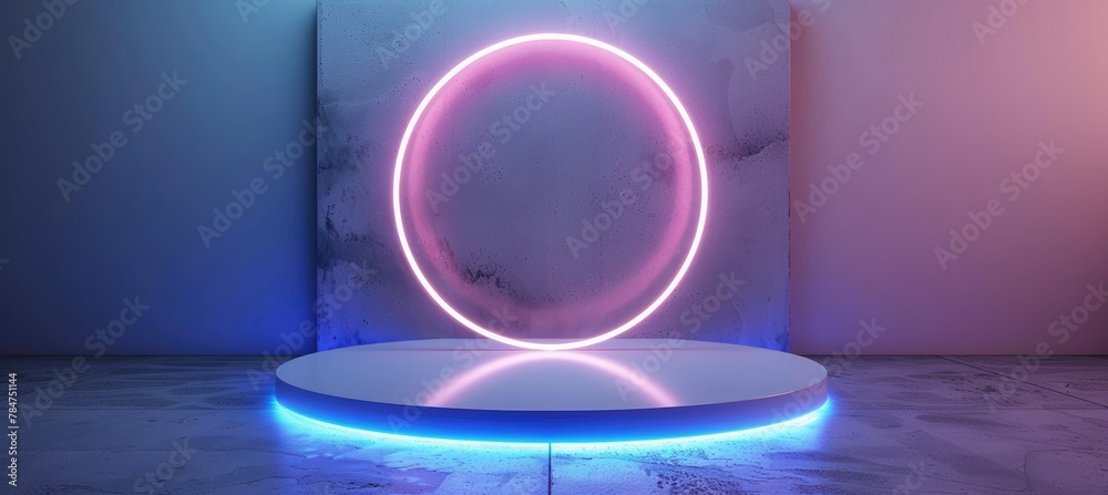 Poster Modern neon circle light and podium in a minimalistic room for product placement display.