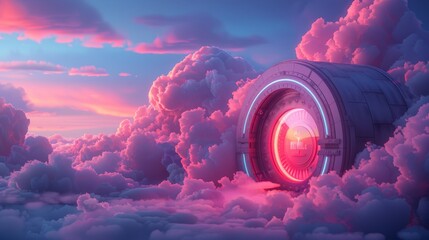 Surreal vault door in dreamy cloudscape, glowing safe portal amidst pink and blue clouds - obrazy, fototapety, plakaty